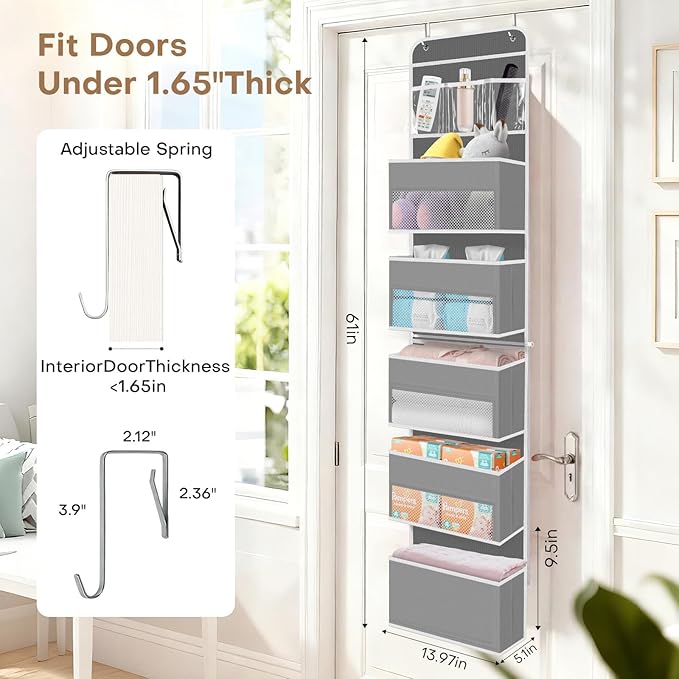 SpaceWhisper Over the Door Organizer, 6 Large Pocket Hanging Storage Organizer with 40lb Capacity, Space Saving for Nursery, Bathroom, Bedroom, Closet - Baby Essentials & Toiletry Organizer (Grey)