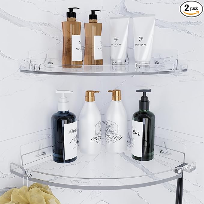 Acrylic Corner Shower Shelves,Adhesive Shower Caddy Organizer for Bathroom Storage Home Decor,Clear, RustProof, No Drilling Bathroom Wall Shelf,2-Pack
