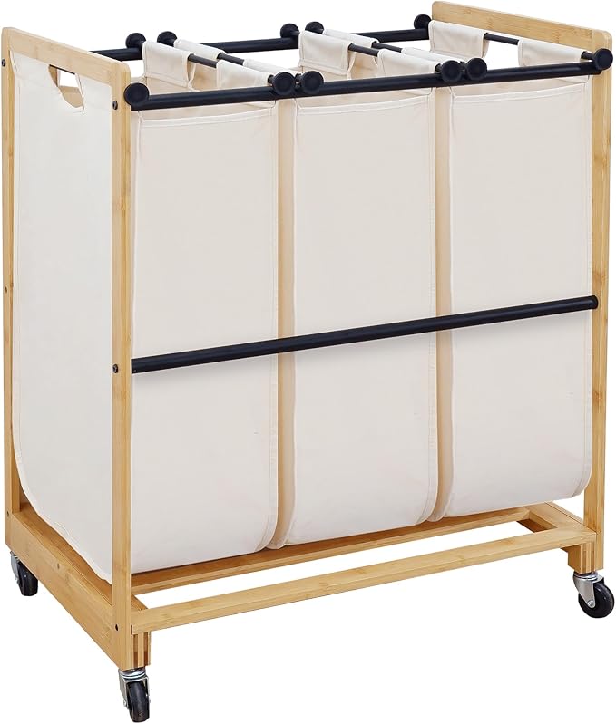 STO STO 3-Section Laundry Sorter with Bamboo Frame, Rolling Laundry Hamper Basket with Removable Bags and Lockable Wheels, Laundry Cart for Clothes Storage in Bedroom & Laundry Room, Beige