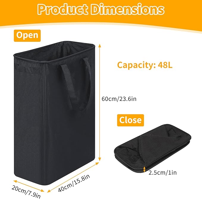 Slim Laundry Hamper, 48L Ultra Thin Collapsible Laundry Basket with Handles, Foldable Basket Laundry Bag Dirty Clothes Hamper for Bathroom Bedroom(Black)