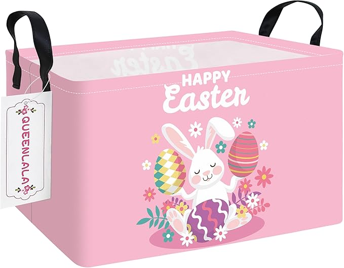 QUEENLALA Rectangular Laundry Hamper/Foldable Nursery Laundry Basket for Organizing/Storage Bin Baskets/Children Toy Office Bedroom/Toy Bin Closet Shelf Baskets (Rec-Pink Easter Rabbit Eggs)