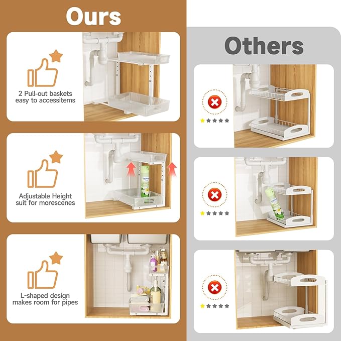 ETOYA Under Sink Organizer 2 Pack Pull Out Bathroom Cabinet Countertop Organizer 2 Tier Slide Out Kitchen Organizers and Storage Bathroom & Laundry Under Under Sink Shelf- White