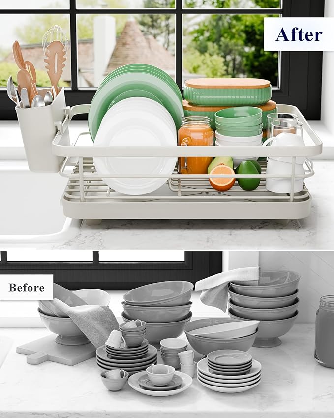 Kitsure Dish Drying Rack - Compact Dish Rack with Utensil Holder & Adjustable Water Outlet, Rust-Proof & Scratch-Resistant Drying Rack for Kitchen, 14.5" x 12.0" x 4.0", Light Grey