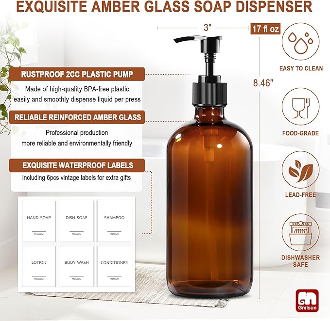 GMISUN Amber Glass Soap Dispenser, 2 Pack Bathroom Hand Soap Dispensers with Plastic Pump, 17 Fl Oz Kitchen Hand and Dish Soap Dispenser Set, Modern Vintage Liquid Brown Soap Dispensers Bottle