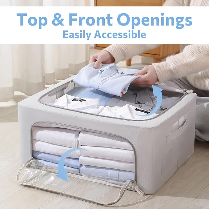 CYhom 3Pack Frame Storage Box - Clothes Storage Bin Bags Oxford Fabric Foldable Stackable Container Organizer Set with Clear Window & Carry Handles (Grey, Medium-44L)