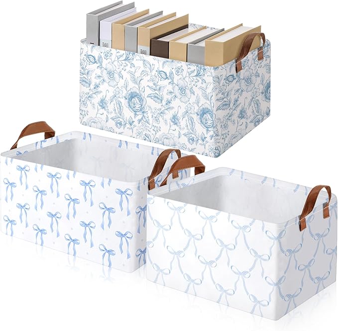 Boao 3 Pcs Blue Bow Storage Bin Collapsible Large Storage Baskets for Gifts Empty Candy Holiday Decor Canvas Laundry Basket Foldable Box with Handle for Office Home Bedroom Clothes