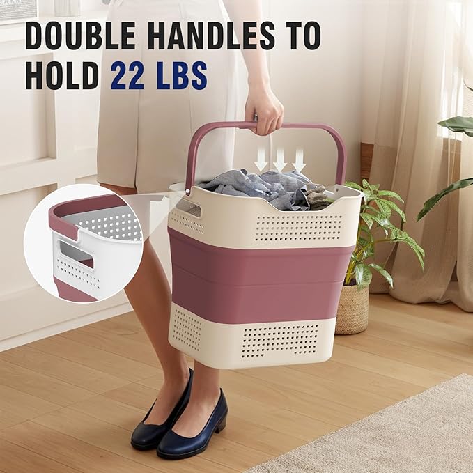 TECHMILLY Collapsible Plastic Laundry Basket Hamper with Handles, 35L Portable Rubber Clothes Basket, Pop Up Storage Container/Organizer with Hanging basket for Washing & Storage, Red