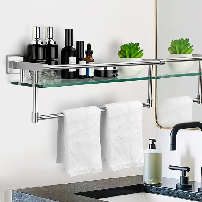 SFGSOWOR Glass Bathroom Shelf with Towel Bar, Stainless Steel Tempered Towel bar/Track Glass Bathroom Shelves Wall Mount Over The Toilet (Brushed Nickel, 20-inch)