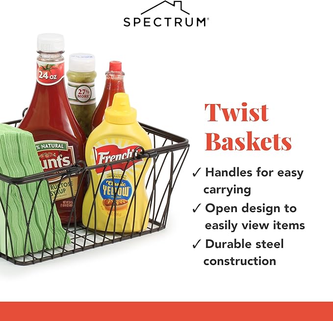 Spectrum Black Wire Basket with Handle Organizer for Kitchen Bathroom Closet Cabinet Storage, Sturdy Farmhouse Twist Wire Metal Pantry Basket with Handles for Home Decor Organization or Gift Basket