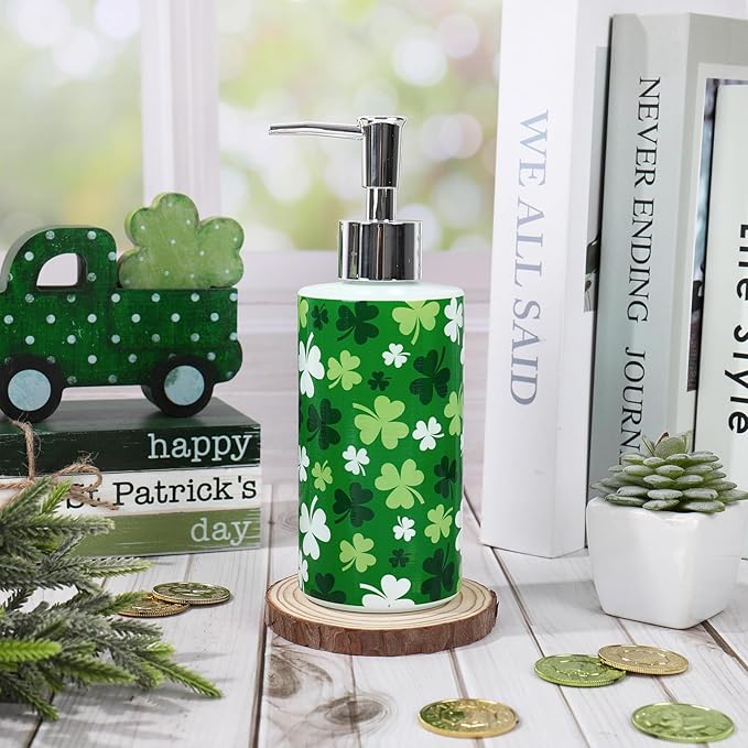 JarThenaAMCS St. Patrick's Day Soap Dispenser Glass Dispenser with Pump Refillable Green Shamrock Clover Liquid Soap Container for Irish Holiday Home Kitchen Bathroom Countertop