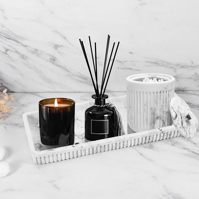 Resin White Marble Bathroom Accessories Set 5 Pcs, Lotion Soap Dispenser, Toothbrush Holder, Bathroom Tumbler, Qtip Holder and Vanity Tray, Bathroom Countertop Organizer Set for Home Apartment