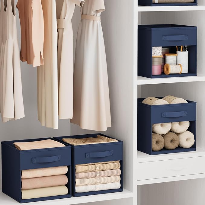 DIMJ Cube Bins, 12.2-Inch Storage Bins Cubes with Window, 6 Packs Collapsible Storage Bins with Handles, Closet Storage Baskets for Organizing Living Room, Office, 6 Pack,Navy Blue