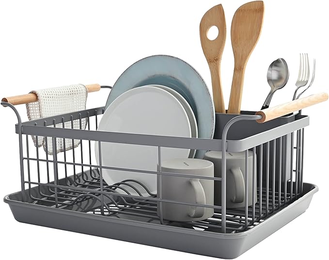 Yamazaki Home Sink Removeable Drainer Tray, Kitchen Drying Organizer Holder, One Size, White Steel + Wood | Dish Rack, Gray