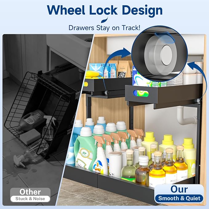 Insputer Upgrade 2 Tier Under Sink Organizer with 3 Slide Rails, Under Cabinet Storage Expandable 15"-25" W & Height Adjustable, Thickened Pull Out Shelf for Bathroom, Kitchen, Laundry, Pantry(Black)