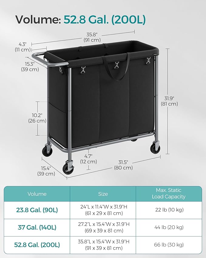 SONGMICS Laundry Basket with Wheels, 3-Section Rolling Laundry Hamper, 52.8 Gallons (200 L), Removable Liner, Steel Frame with Handle, 35.8 x 15.4 x 31.9 Inches, Ink Black URLS005B01