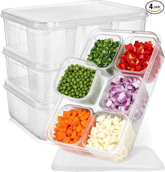 4 Pack Salad Bar Container for Fridge, Plastic Food Storage Organizer with Lid, Stackable Refrigerator Bins with 24 Individual Removal Boxes, Reusable Meal Prep Container for Fruit, Vegetable