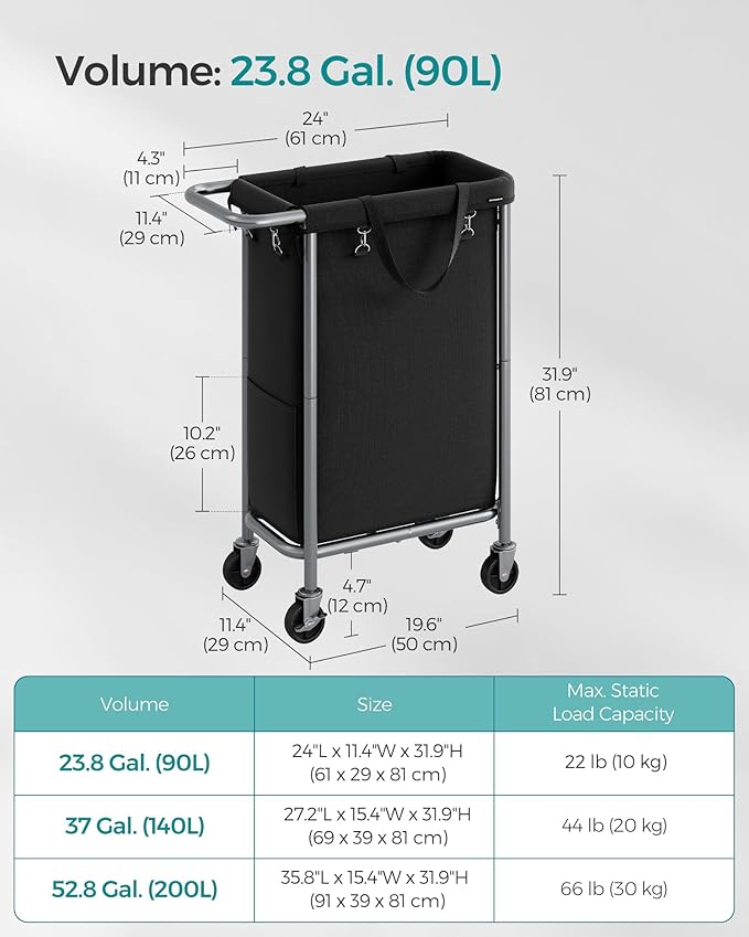 SONGMICS Laundry Basket with Wheels, Rolling Laundry Hamper, 23.8 Gallons (90 L), Removable Liner, Steel Frame with Handle, 24 x 11.4 x 31.9 Inches, Ink Black URLS003B01