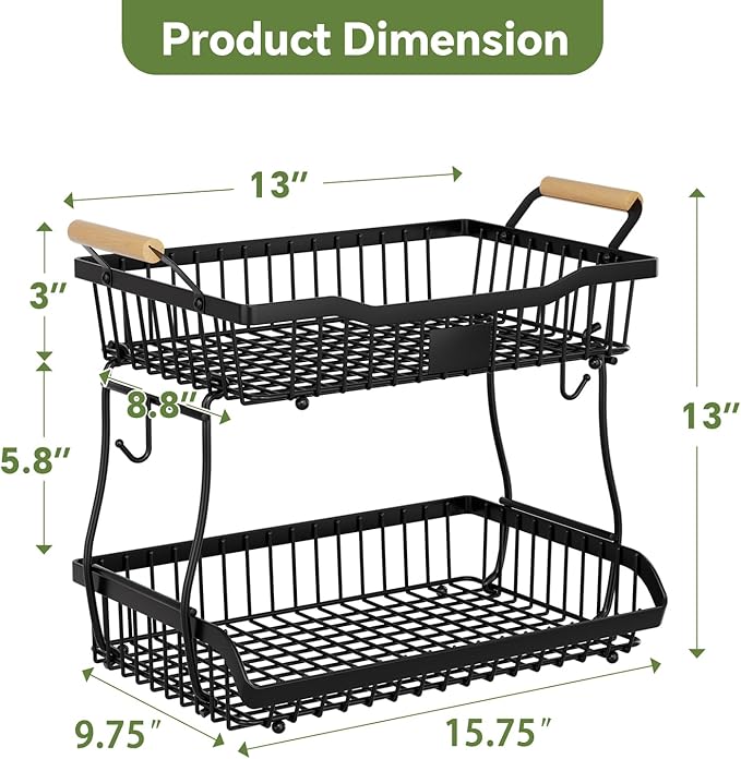 Simple Trending Fruit Basket 2-Tier Detachable, with Banana Hangers & Rust-Proof Metal Mesh, Ventilated Kitchen Organizer for Countertop, Perfect for Fruits, Vegetables, Snacks Storage