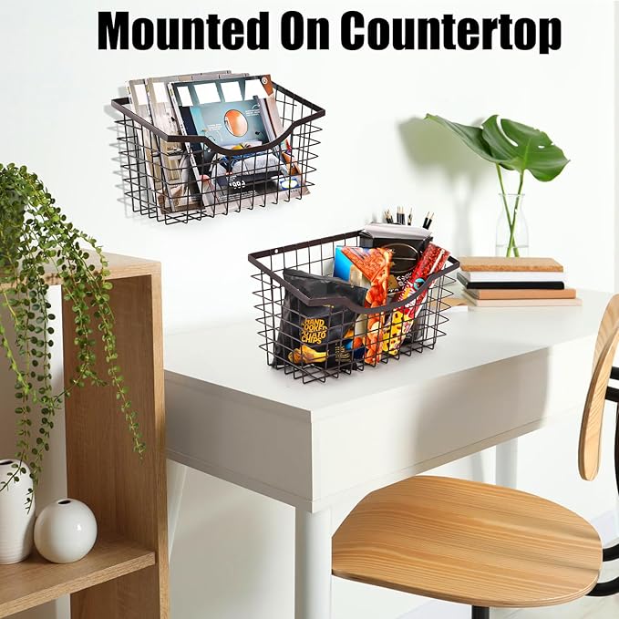 Nicunom 2 Pack Cabinet & Wall Mount Basket, Large Metal Wire Basket Wall Mount Hanging Basket Over Cabinet Door Organizer Bin Grid Storage Baskets for Home Kitchen Bathroom Pantry, Bronze