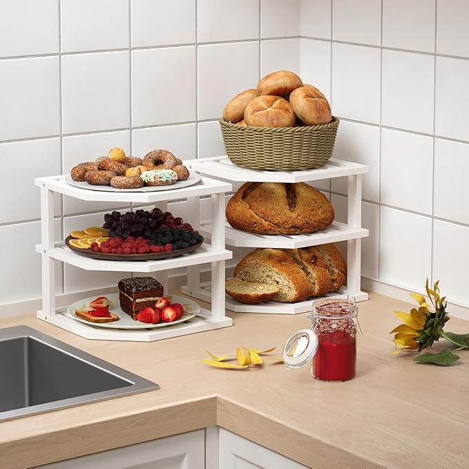 3 Tier Bamboo Corner Shelf(4 Pack),Dish Drying Rack,Plate Organizer,Kitchen Spice Rack for Countertop and Cabinet(White)