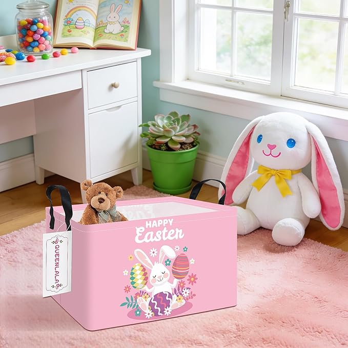 QUEENLALA Rectangular Laundry Hamper/Foldable Nursery Laundry Basket for Organizing/Storage Bin Baskets/Children Toy Office Bedroom/Toy Bin Closet Shelf Baskets (Rec-Pink Easter Rabbit Eggs)