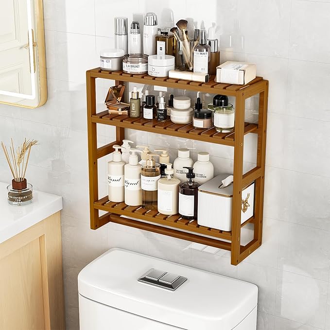 Over The Toilet Storage Bathroom Shelves Wall Mounted 3 Tier Space Saver Corner Shelf Organizer Bamboo Towel Rack Toilet Paper Cabinet with Hanging Rod Brown
