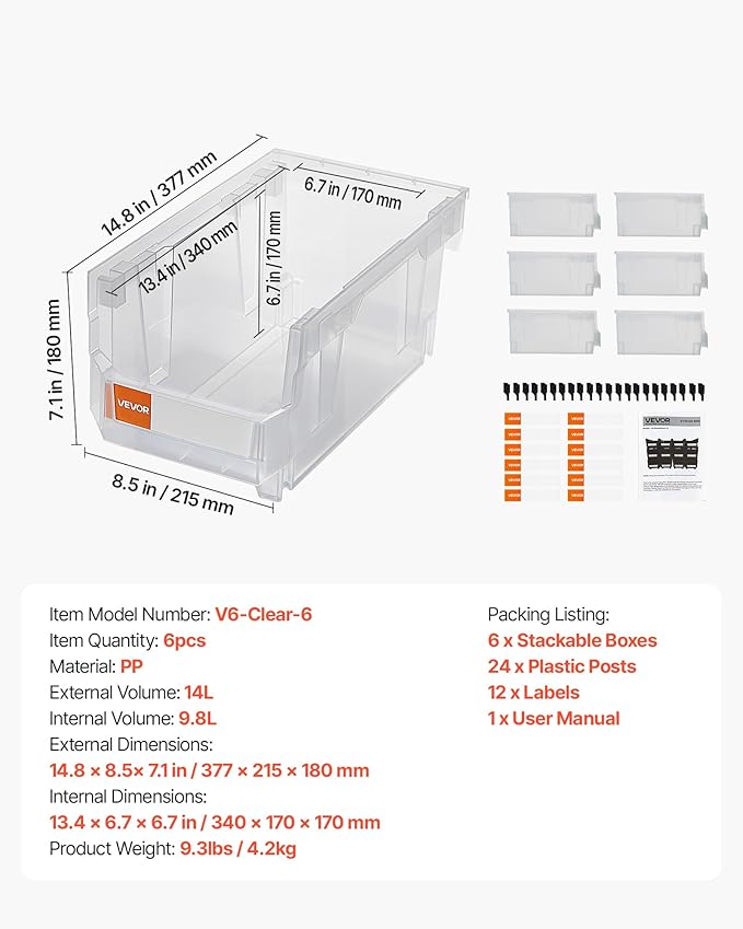 VEVOR Plastic Stackable Storage Bins, 14.8 x 8.5 x 7.1 inch (6 Pack), Plastic Containers for Organizing & Storage Bins for Closet, Garage, Small Parts, Office Supplies, Other Accessories, Transparent