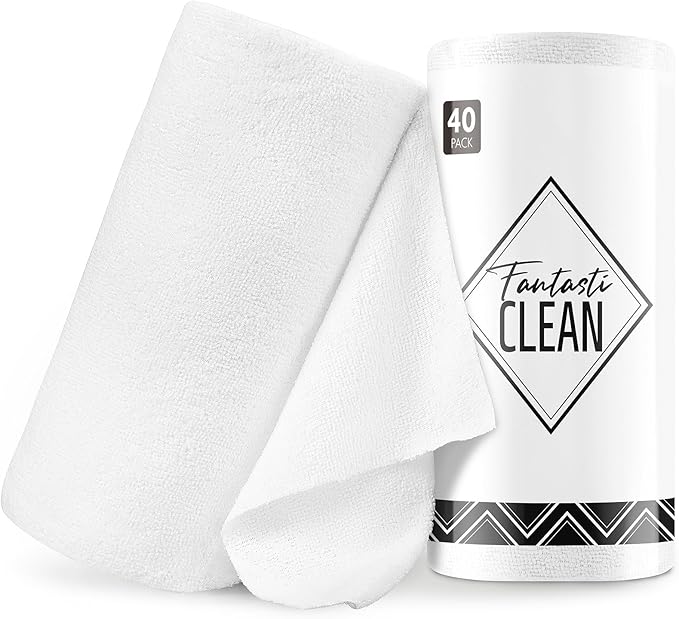 Fantasticlean Microfiber Cleaning Cloth Roll -40 Pack, Tear Away Microfiber Towels, 12" x 12", Reusable, Washable, Scratch Free, Ultra Absorbent Dishcloth for All-Around Cleaning Supplies (White)