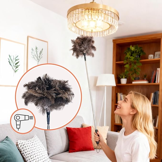 Feather Duster for Electronics Fragile Items, Soft Ostrich Feathers Dusting Tool for Keyboard, Screen, Office and Home Cleaning, Black Handle(A12-Black)