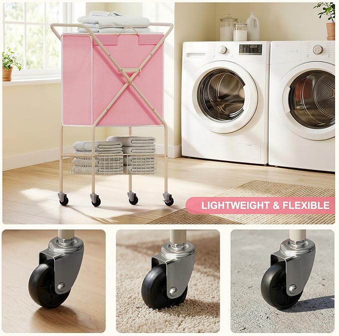 Convenient Laundry Basket with Wheels,36" High Easy Rolling Laundry Cart with Wheels,Heavy Duty Dirty Clothes Laundry Hamper with Handles Removable Bag for Seniors,Folding Metal Frame/Pink/98L