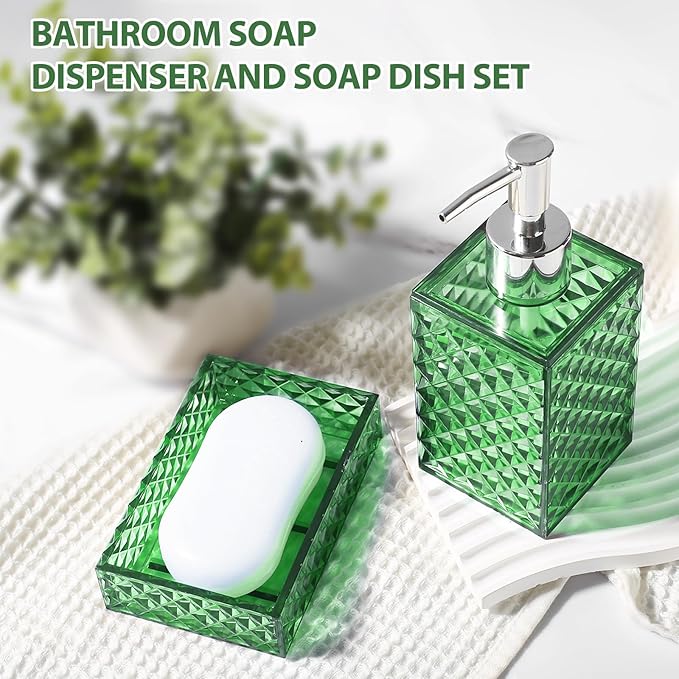Green Bathroom Accessories Set, 4 Pack Green Bath Accessory Sets Complete, Acrylic Soap Dispenser and Toothbrush Holder Set for Bathroom Counter Sink, Modern Bathroom Decor
