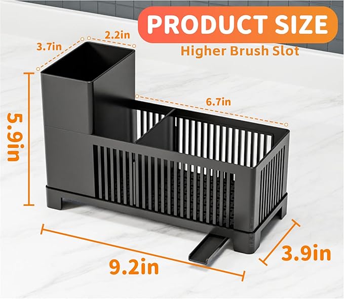 Rustproof Kitchen Sink Organizer for Countertop,Multifunctional Sink Organizer Caddy & Organization,Scrub Brush and Sponge Holder,Plastic Sink Storage Rack,Sponge Drain Rack,Dish Soap Dispenser,Black