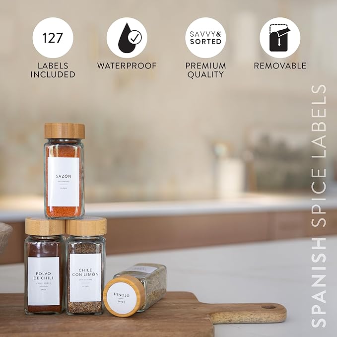 127 Spanish Spice Labels Stickers Preprinted Waterproof, Spice Jar Labels Written in Spanish, Round & Rectangle Seasoning Label for Jars, Pantry Organization, Etiquetas de Especias en Español