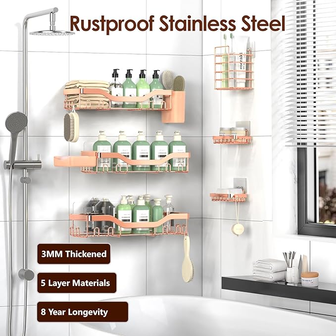 Shower Caddy Adhesive Shower Organizer 8-Pack, Rustproof Stainless Steel Bathroom Shelves, Large Capacity No-Drill Rack Storage Accessories with Soap Dish Toothbrush Holder Hooks