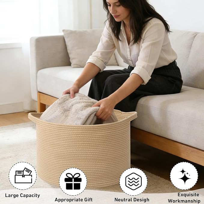 65L Large Blanket Basket,19.7" L x 19.7" W x 13" H Rope Woven Baskets with Handles, Toys Storage Bins,Laundry Basket Perfect for Living Room, Nursery,Bedroom,Home Organization,Camel