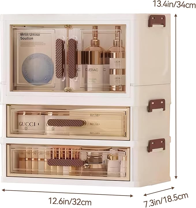 A stackable desktop organizer with drawers and compartments, ideal for storing cosmetics, beauty tools, jewelry, and school supplies in a student dorm. Features a convenient magnetic door handle.