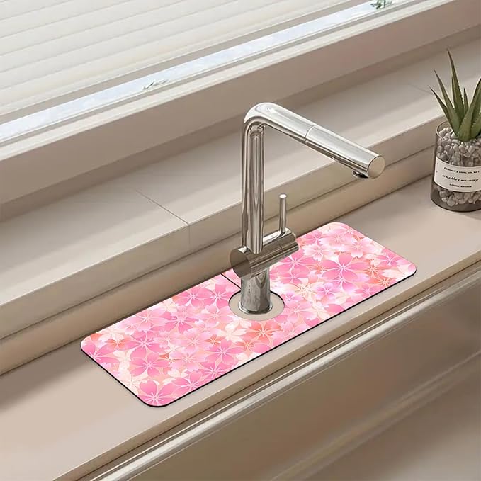 Sink Faucet Absorbing Mat Cherry Spring Flower Sink Splash Guard Drying Mat for Kitchen Bathroom Faucet Sinkmat 15.5"X5.5"