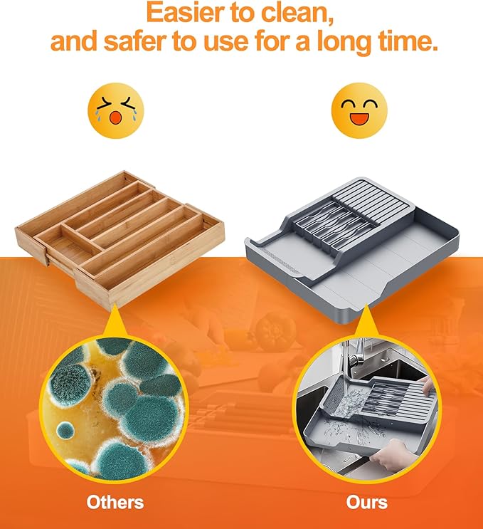 Kitchen Knife Drawer Organizer Grey, In Drawer Knife Block Holder with Expandable Cutlery Tray Compact Organization Drawer Storage Holds Up To 11 Knives (Including Hooks&Sponges)