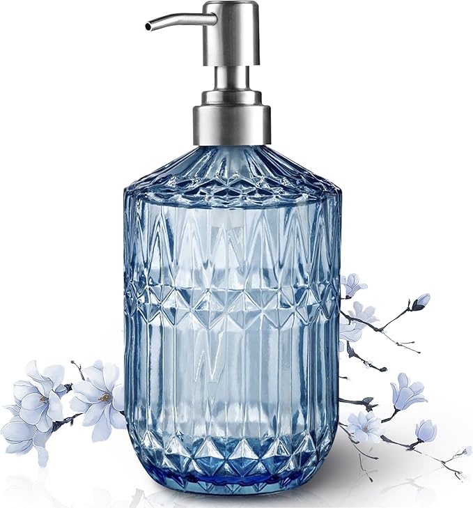 Kaishun 13 Oz Refillable Soap Dispenser, Glass Soap Dispenser for Dispense Hand Soap, Dish Soap, Lotion (Blue)