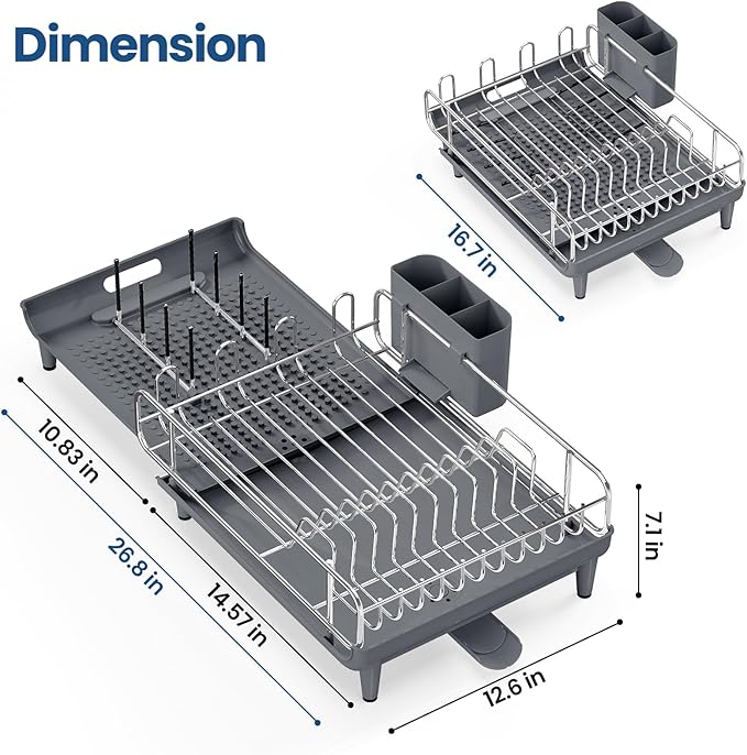 TOOLF Expandable Dish Rack, Dish Drying Rack for Kitchen Counter, Foldable Dish Dryer Rack, Stainless Steel Dish Drainer Racks with Cutlery Holder, Collapsible Dish Drying Racks Large Size,Gray