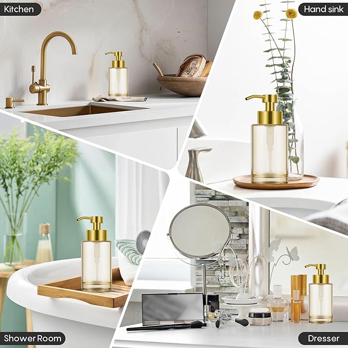 Glass Soap Dispenser with Stainless Steel Pump 2 Pack,12oz Thick Glass Gold Hand Liquid Soap Dispenser for Bathroom & Kitchen