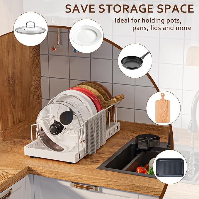Pots and Pans Organizer Under Cabinet, Pull-out Pots and Pans Organizer, Under Cabinet Pot Lid Holder, Sliding type Pots and Pans Storage with 8 Adjustable Dividers & Handle Bracket - White