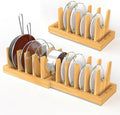 Bamboo Expandable Pot and Pan Organizer Under Cabinet,2-in-1 Kitchen Cabinet Organizer with Adjustable 10 Dividers, Non-Slip Base for Pot Lids Holder, Cutting Board Organizers for Kitchen Storage
