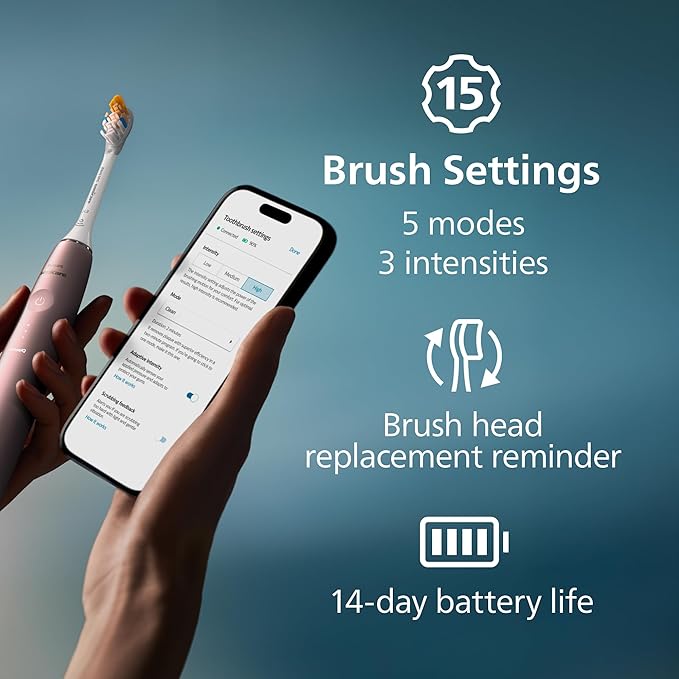 Philips Sonicare DiamondClean 9900 Prestige Electric Toothbrush - with SenseIQ Technology and Advanced AI App, 5 Brushing Modes, 3 Intensity Levels, Charging Travel Case, Pink, Model HX9990/13