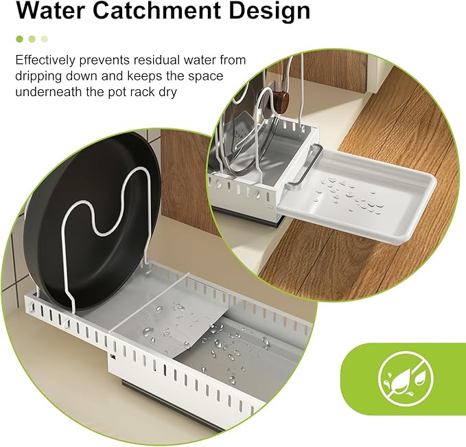 Pots and Pans Organizer Under Cabinet with Drain Board, Pull-out Expandable Pot Lid Organizer inside Cabinet Holder with 10 Adjustable Compartment, Rack for Cutting Board, White (Pack of 2)