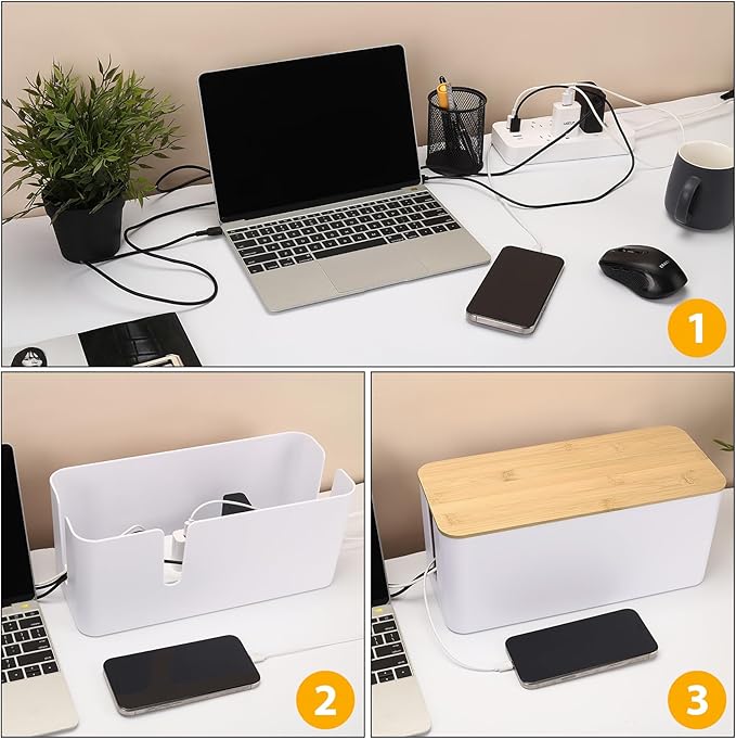 ZhiYo Bamboo Lid Cord Organizer Box, Safe ABS Cable Management Box for TV and Computer, Wood Cover Cord Hider to Hide Wires, Router, USB Hub & Under Desk Power Strip, 1 Pack L13.1 xW5.6 xH5.6 White