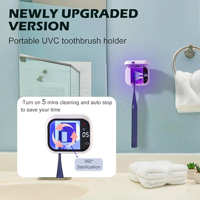 GTSolonia UV-C Toothbrush Cleaner, Portable Travel Cover for Manual/Electric Toothbrush, Magnetic Holder and Rechargeable Case for Any Size Toothbrush, White