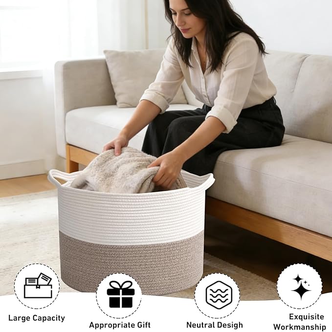 115L Large Blanket Basket,23.6" L x 23.6" W x 15.7" H Rope Woven Baskets with Handles, Toys Storage Bins,Laundry Basket Perfect for Living Room, Nursery,Bedroom,Home Organization,White&Brown