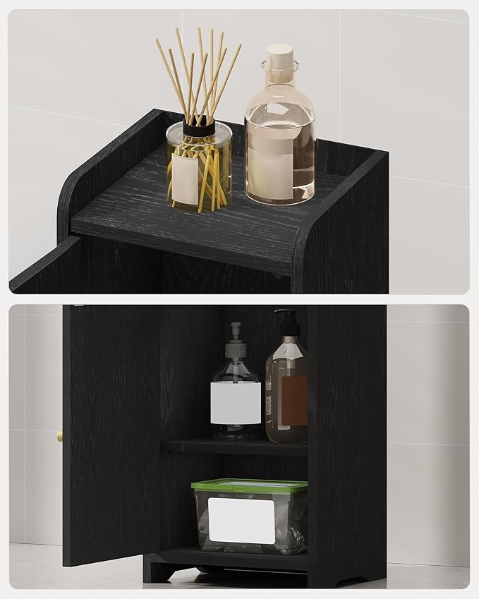 Bathroom Storage Cabinet, Small Corner Floor Cabinet with 2 Doors and Adjustable Shelf, Narrow Toilet Paper Cabinets, Bathroom Organizer for Small Spaces, 7.9" D x 9.8" W x 29.5" H Black