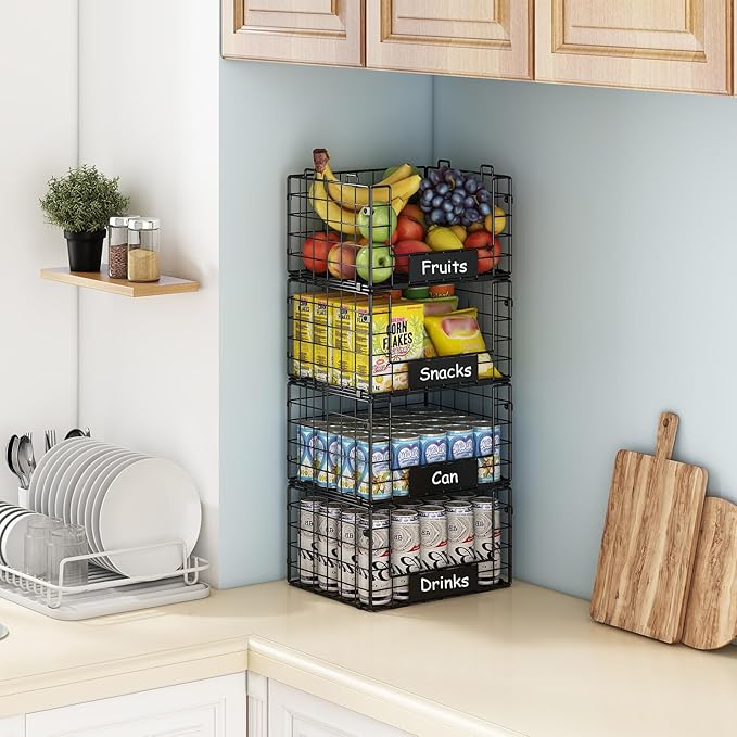 JKsmart Pantry Organizers and Storage, 4 Pack XL Stackable Wire Baskets with NamePlates, Metal Storage Bins for Snack Can Fruit Vegetable Spice